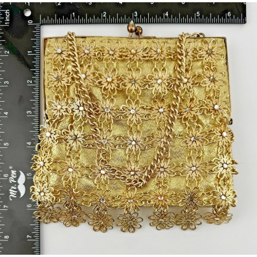 Vintage Made in Japan Gold Filigree Evening Bag Rhinestone Kiss Lock Purse